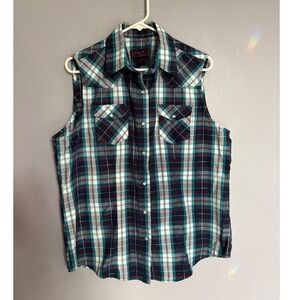 Cowgirl Legend Western Pearl Snap XL Sleeveless Plaid Shirt Teal Navy Shimmer